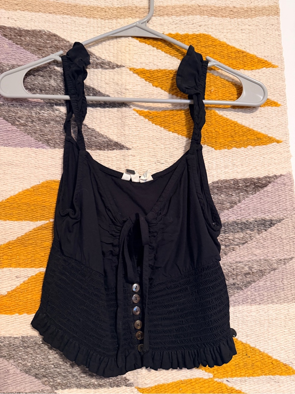 Roxy Black Ruffle Tie-Front Tank with Smocked Waist